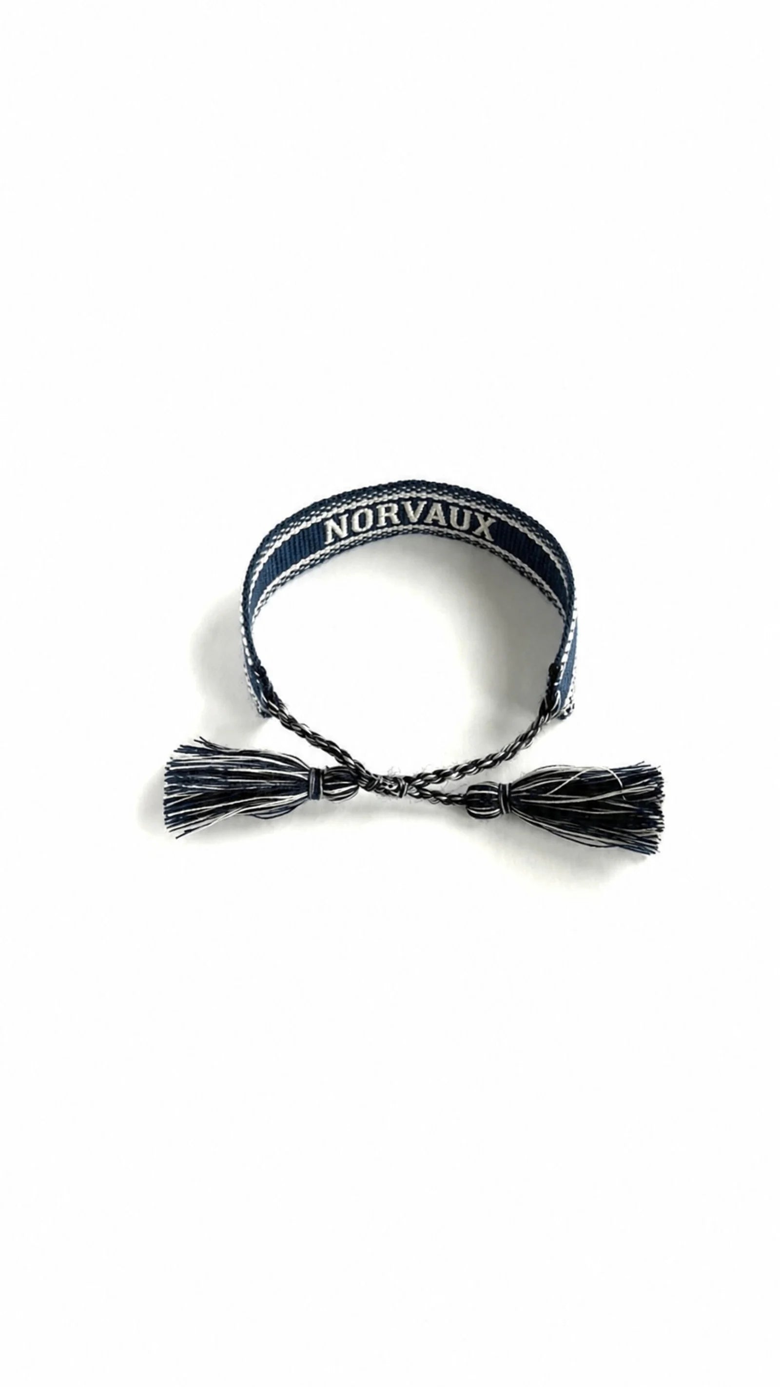 Maison Band laid flat, MAISON NORVAUX woven in white on deep navy